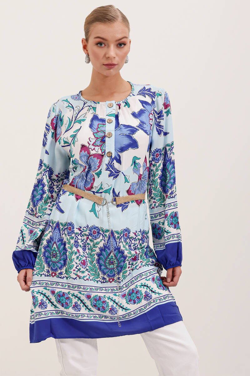 5902 Kemerli Desenli Elbise - Saks - BİGDART