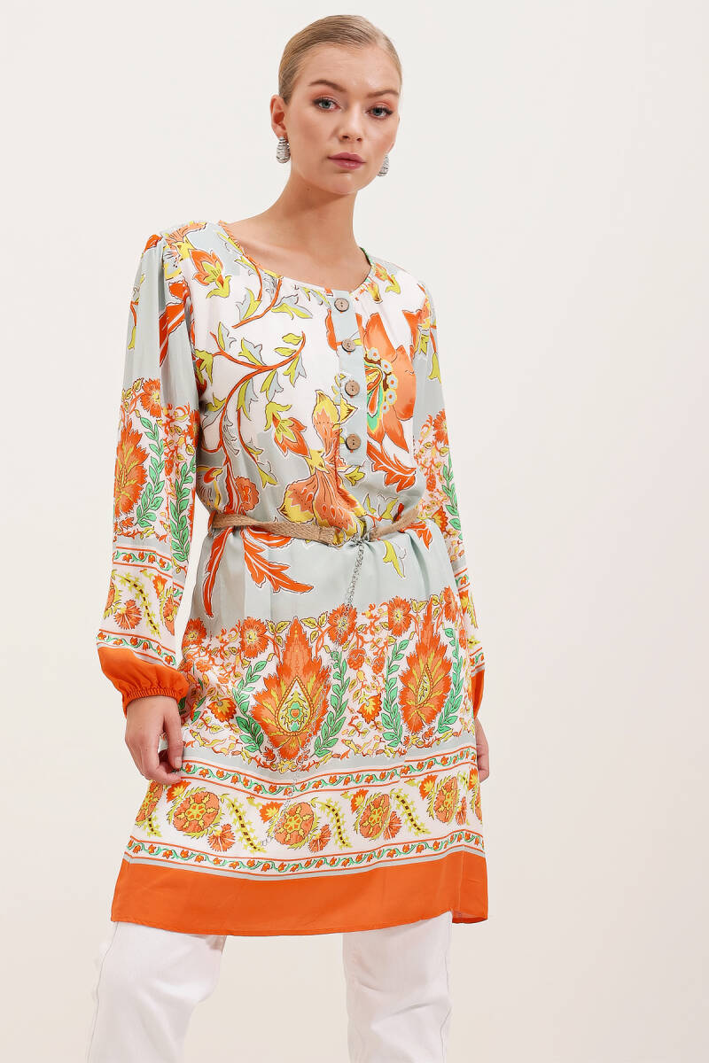 5902 Kemerli Desenli Elbise - Turuncu - BİGDART