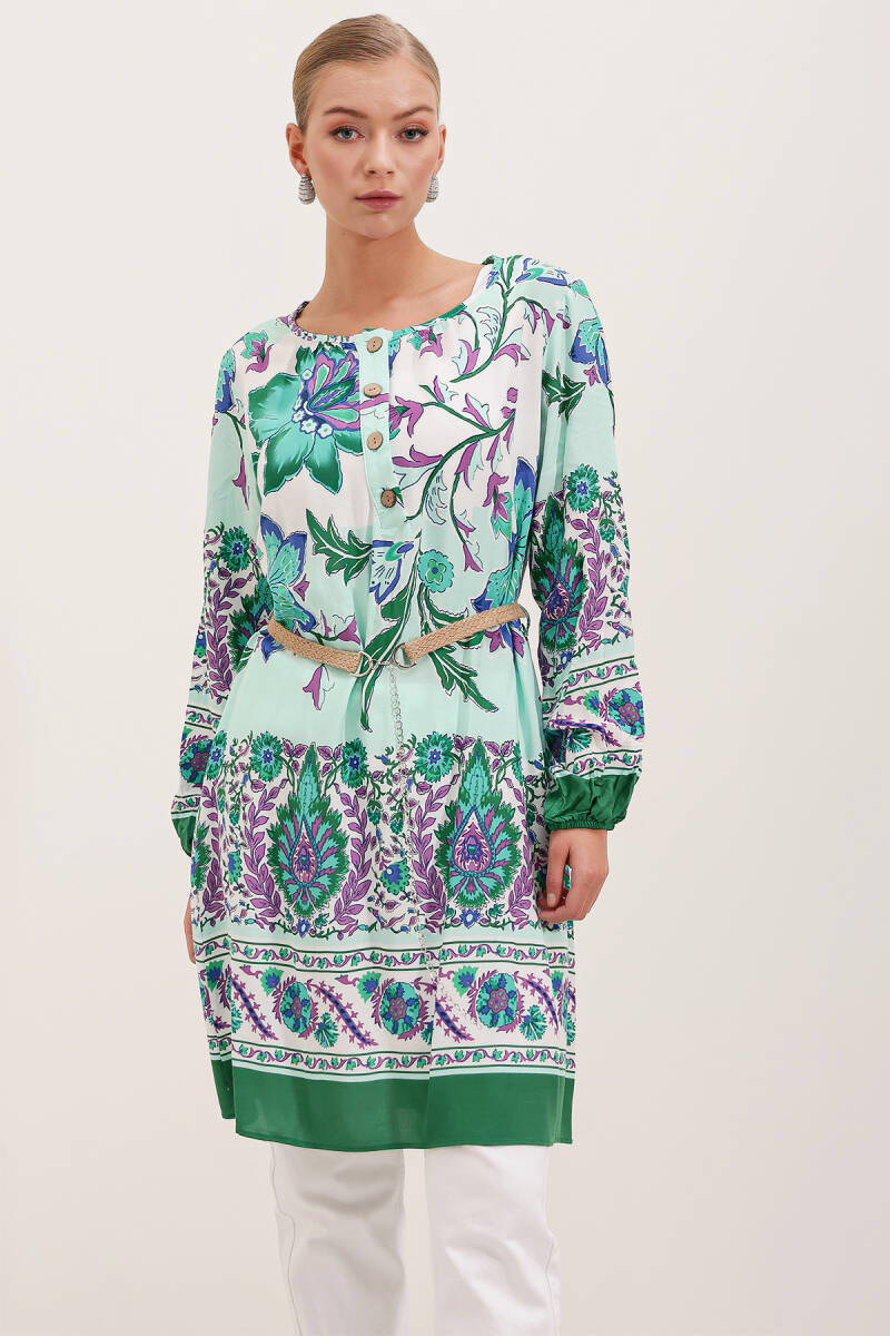 5902 Kemerli Desenli Elbise - Yeşil - BİGDART