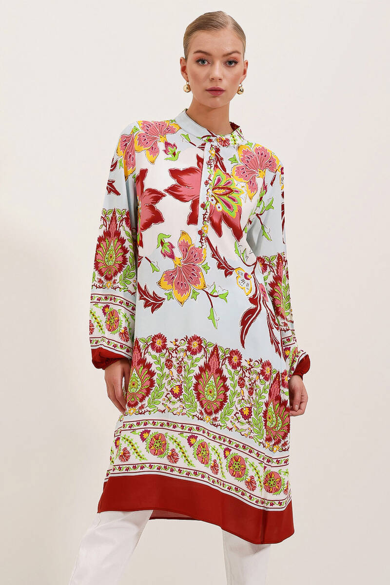 5903 Desenli Viskon Elbise - Bordo - BİGDART