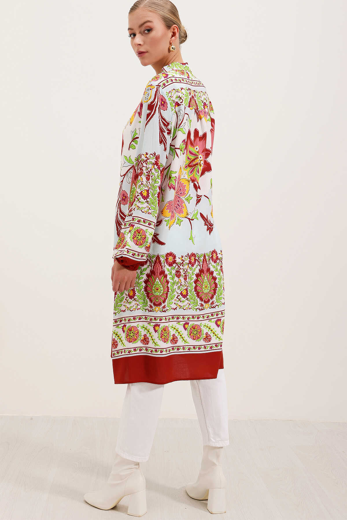 5903 Desenli Viskon Elbise - Bordo - 5
