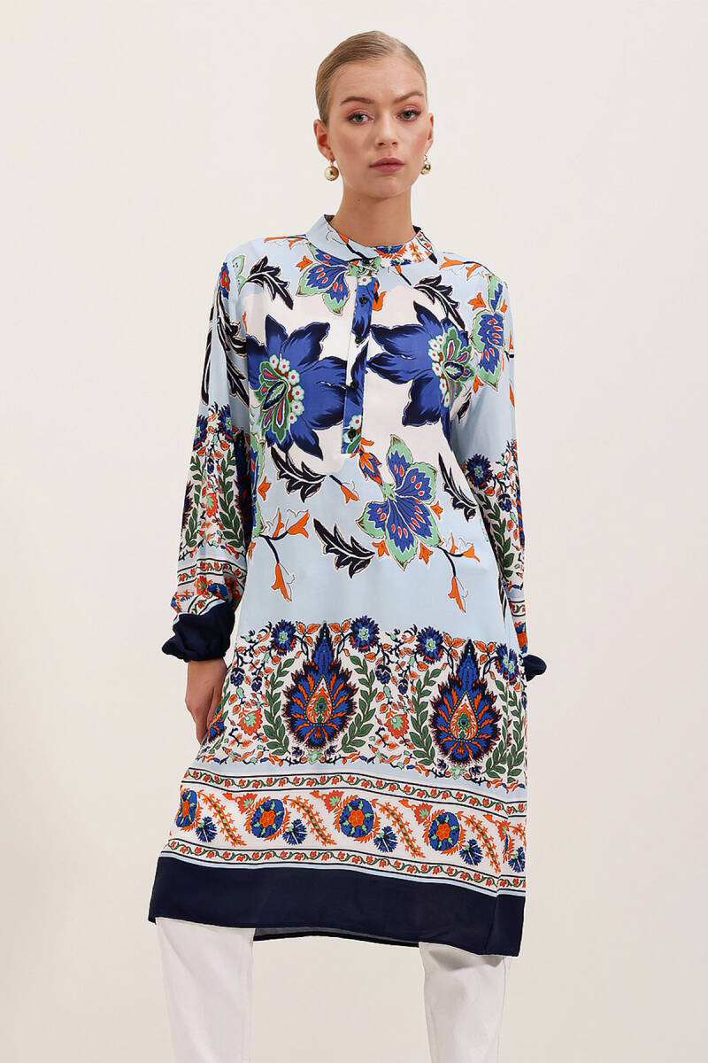 5903 Desenli Viskon Elbise - Lacivert - BİGDART