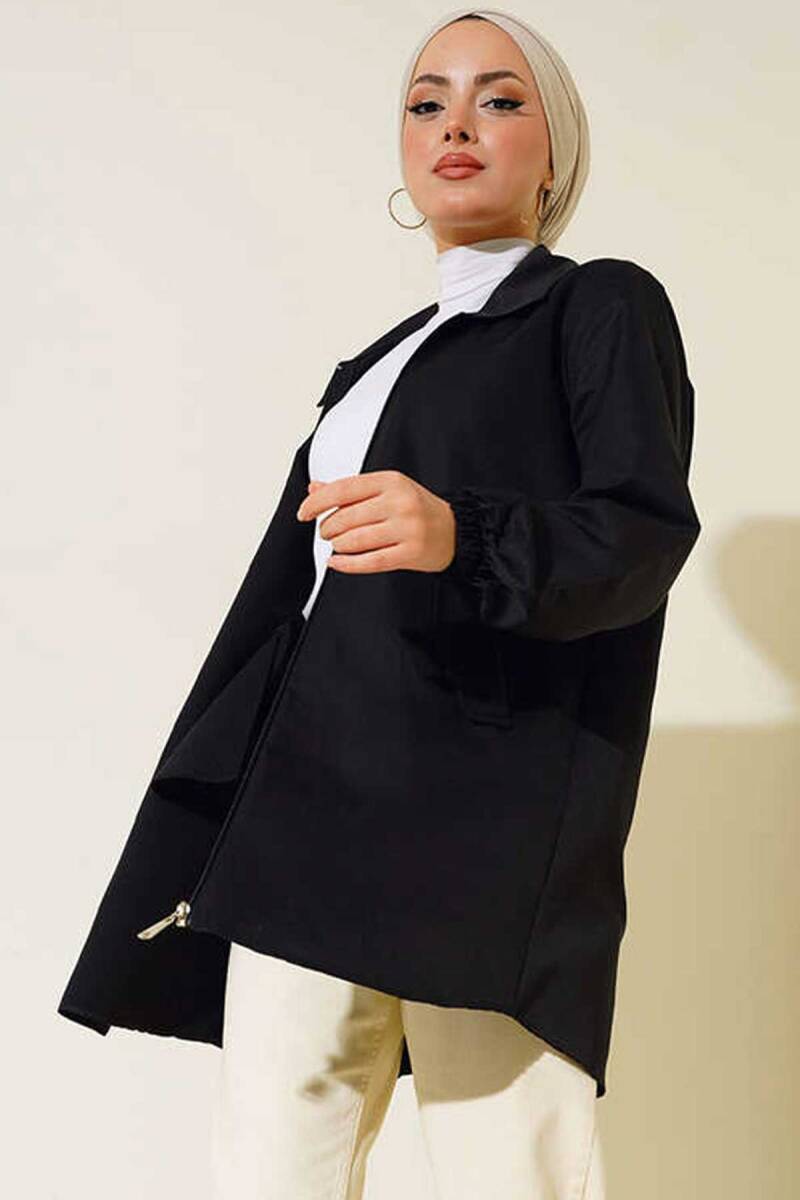 5908 Cep Kapaklı Kısa Trençkot - Siyah - BİGDART