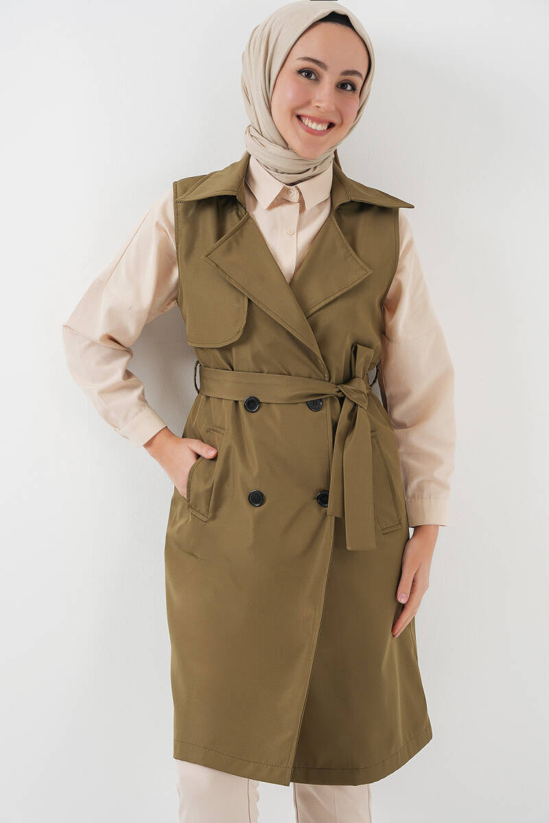 5911 Kruvaze Yaka Trençkot Yelek - Haki - BİGDART