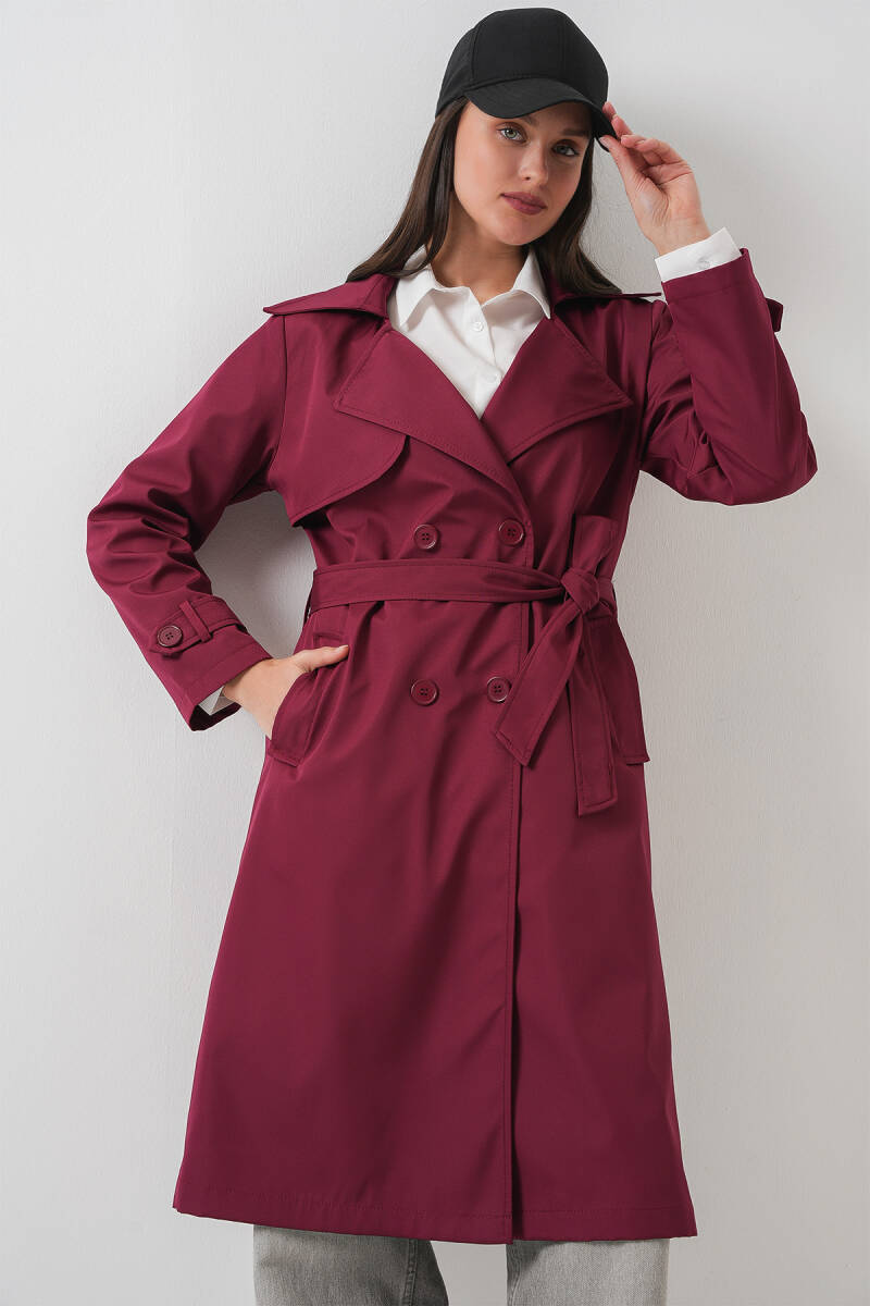 5918 Kruvaze Yaka Trençkot - Bordo - BİGDART