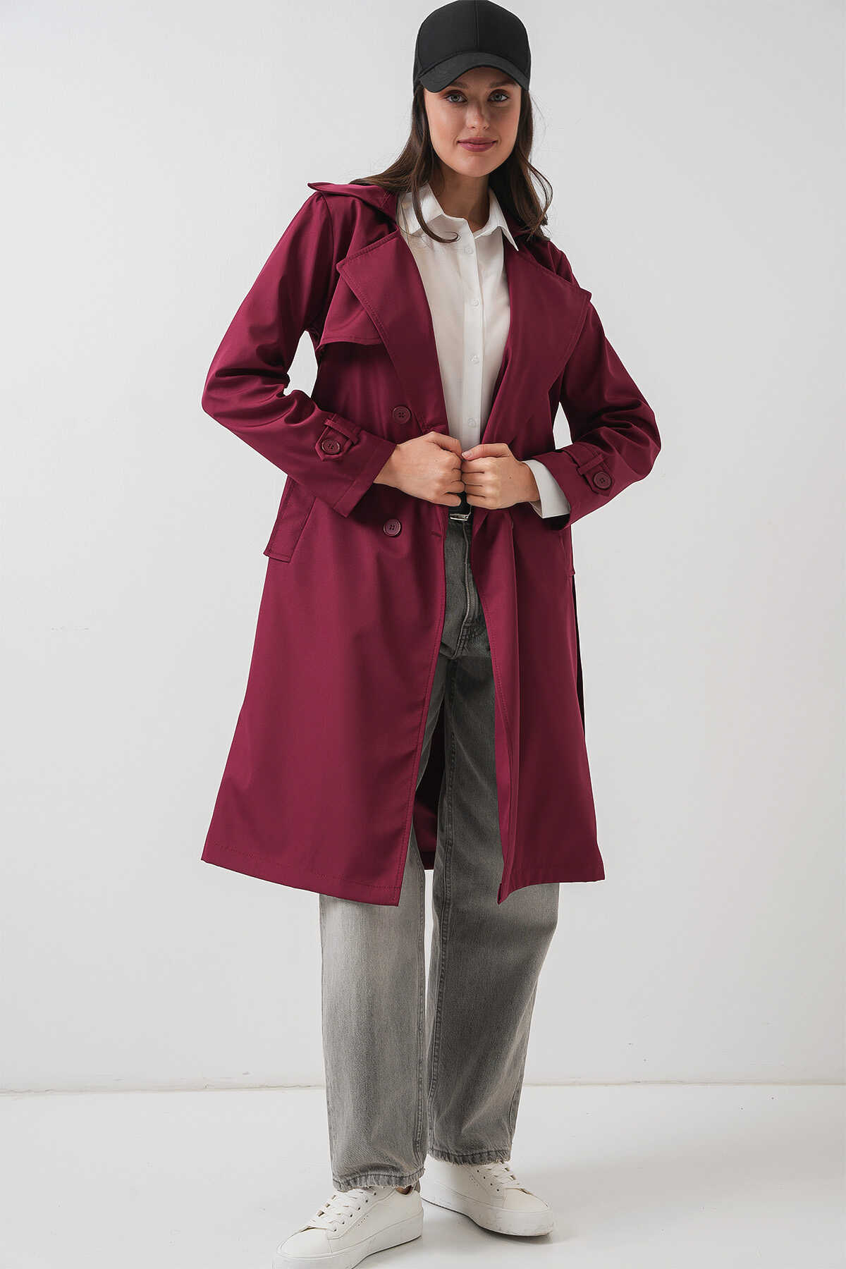 5918 Kruvaze Yaka Trençkot - Bordo - 2