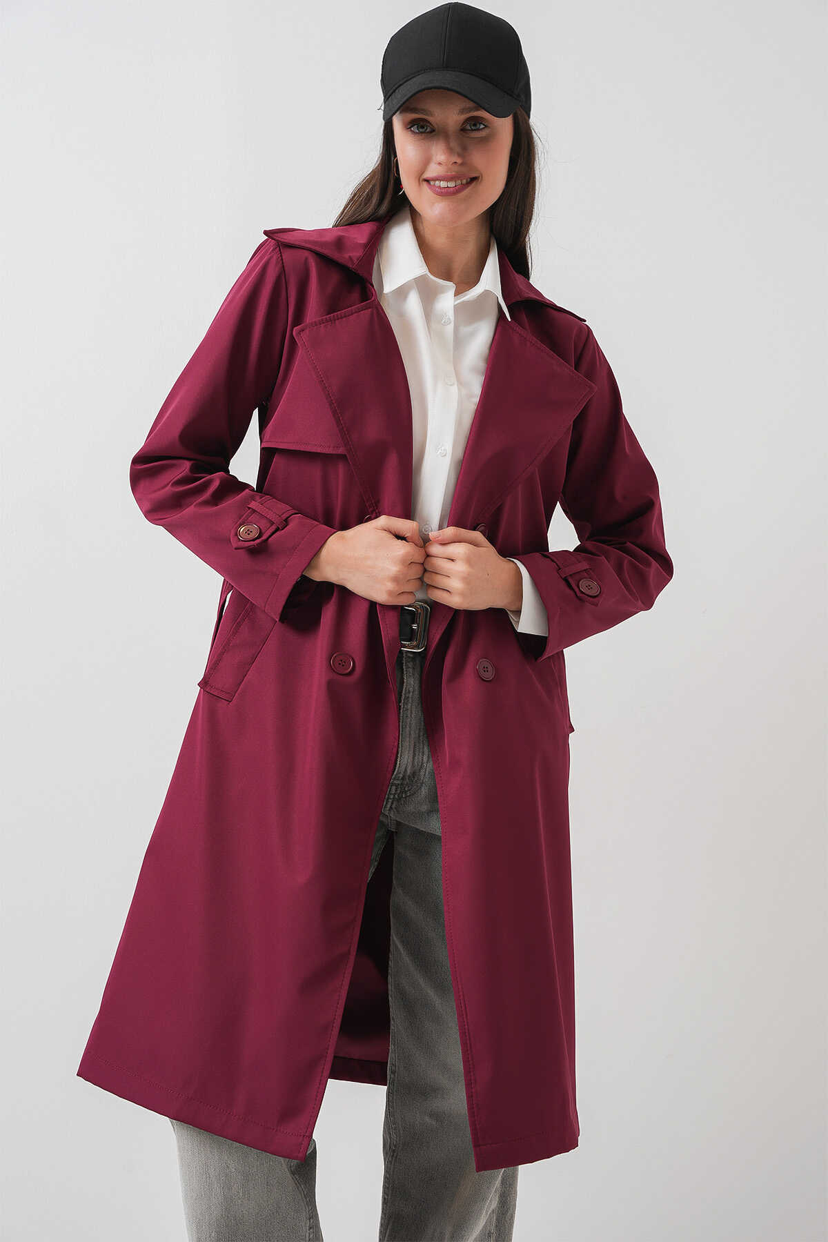 5918 Kruvaze Yaka Trençkot - Bordo - 3