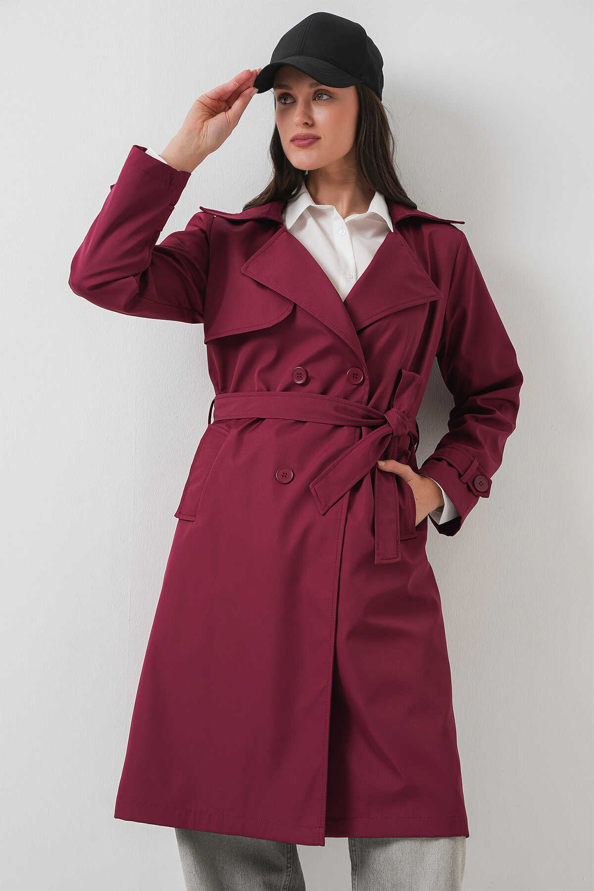 5918 Kruvaze Yaka Trençkot - Bordo - 4