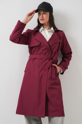 5918 Kruvaze Yaka Trençkot - Bordo - 4