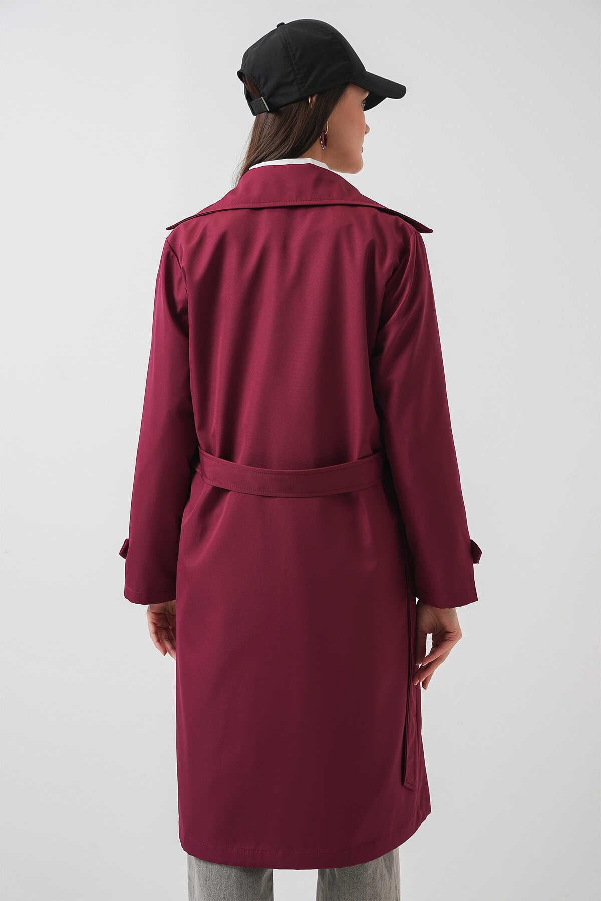 5918 Kruvaze Yaka Trençkot - Bordo - 6