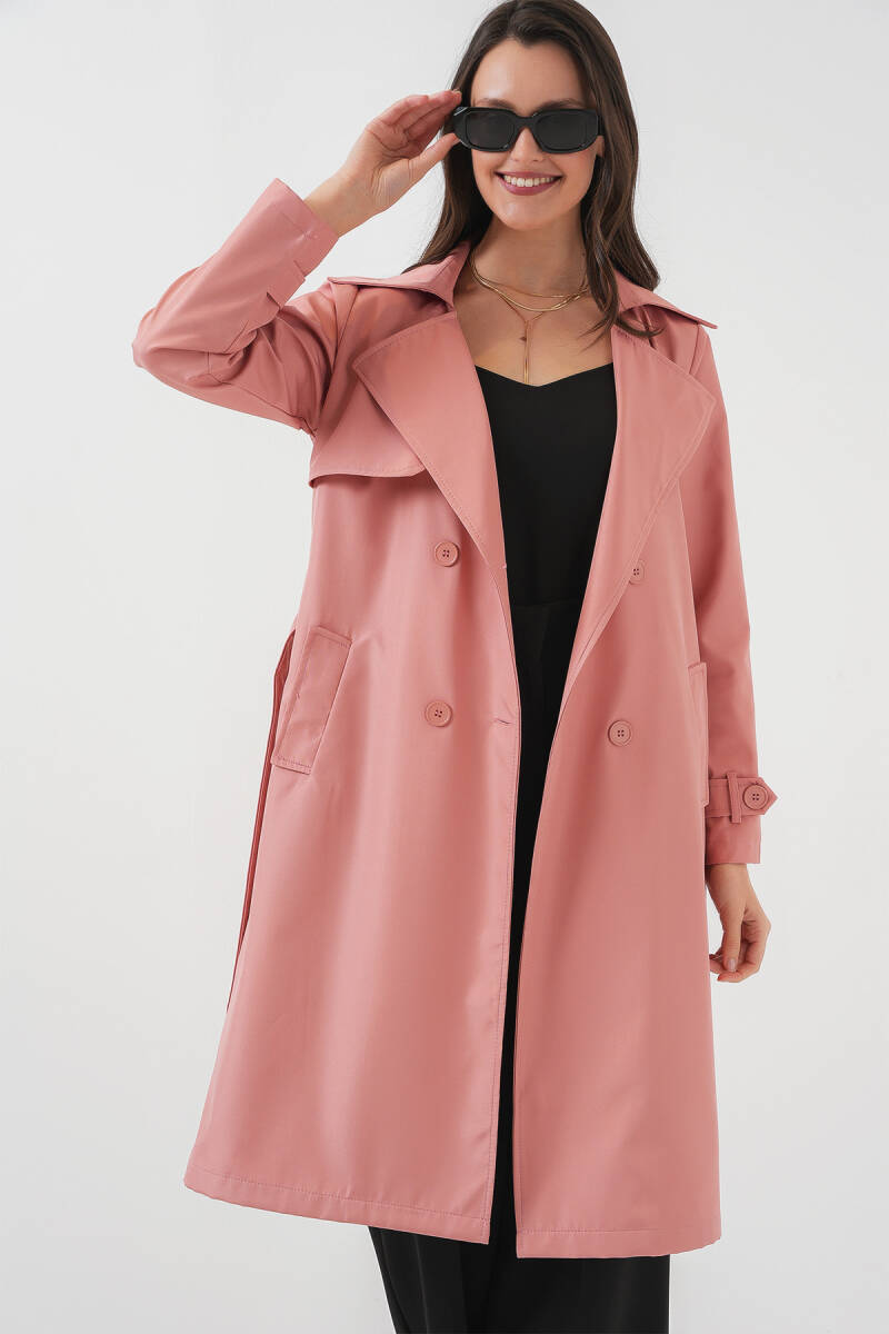 5918 Kruvaze Yaka Trençkot - Pembe - BİGDART