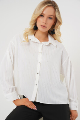 5924 Kadın Gümüş Çizgili Gömlek - A.Beyaz 