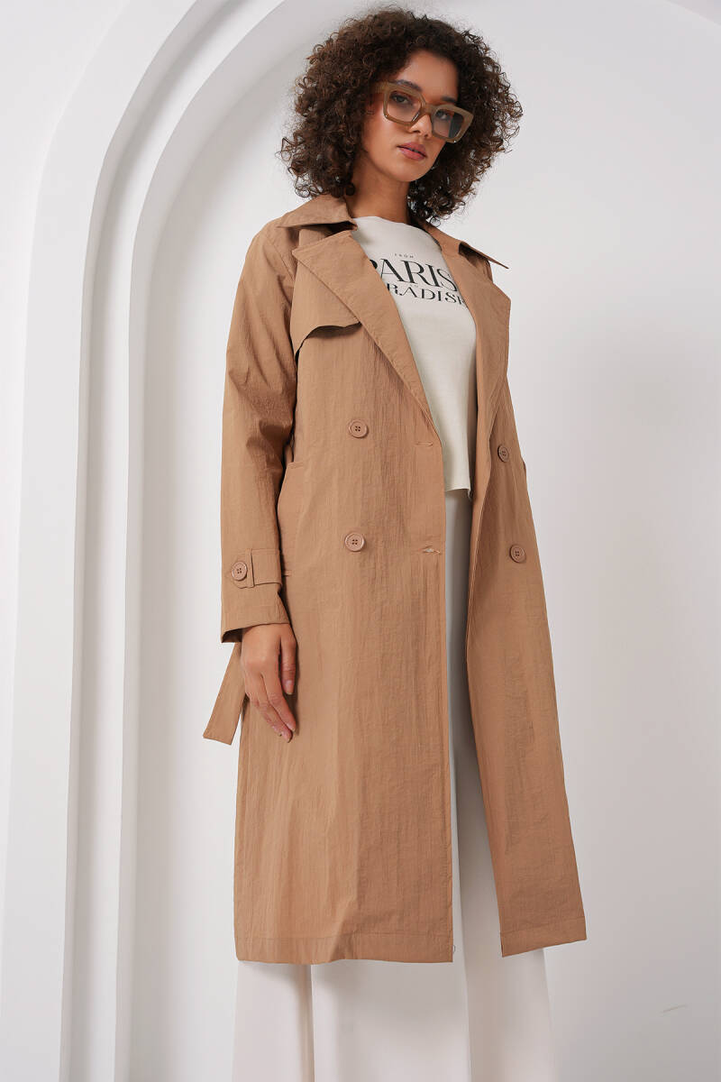 5938 Kruvaze Yaka Trençkot - Camel - BİGDART