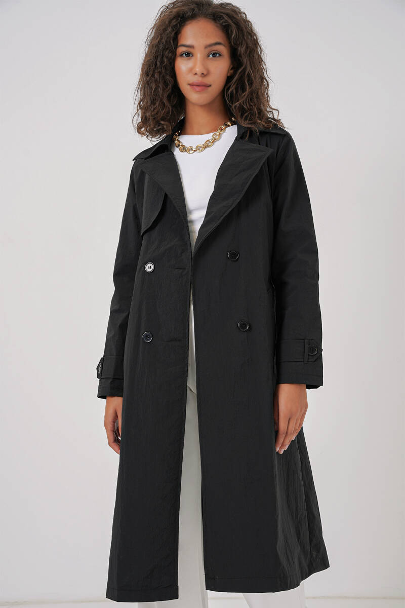 5938 Kruvaze Yaka Trençkot - Siyah - BİGDART