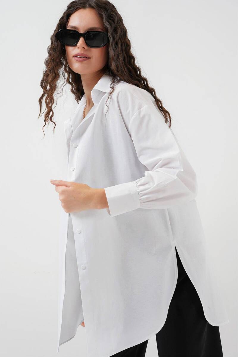 5946 Oversize Uzun Gömlek Tunik - Beyaz - BİGDART