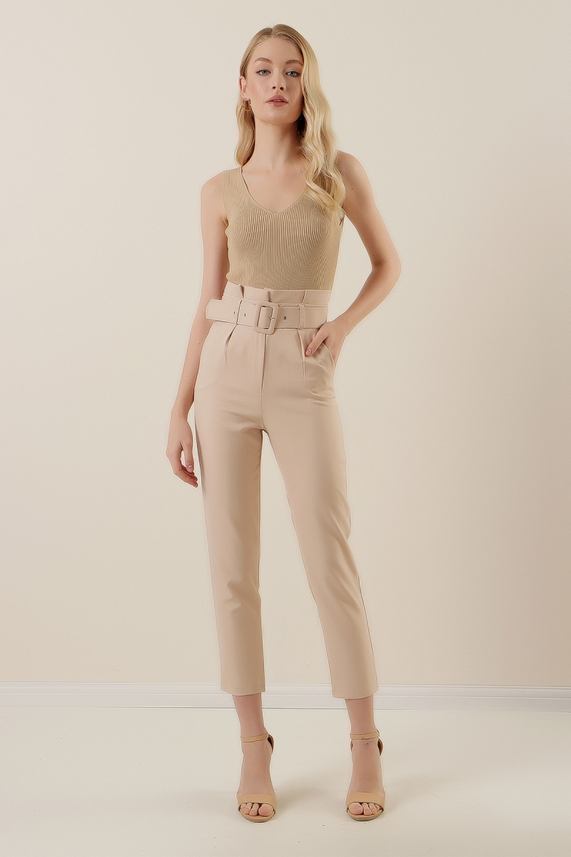 6464 BELİ KEMERLİ PANTOLON - Krem - BİGDART