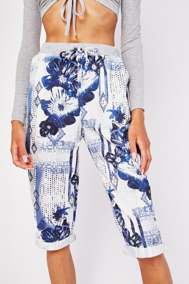 6507 Baskılı Jogger Kapri - Beyaz - BİGDART