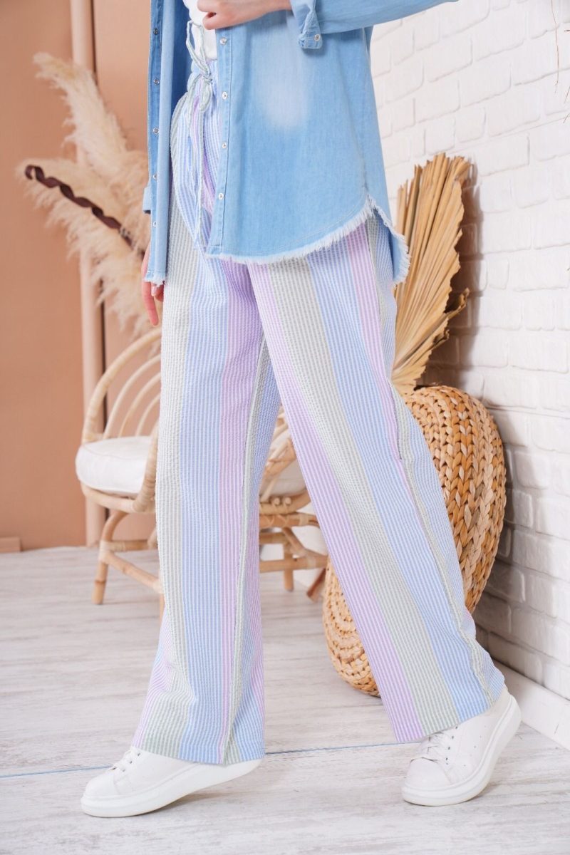 6524 Çok Renkli Oversize Pantolon - Lila - BİGDART