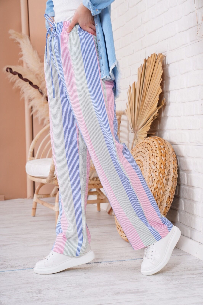 6524 Çok Renkli Oversize Pantolon - Mavi - BİGDART