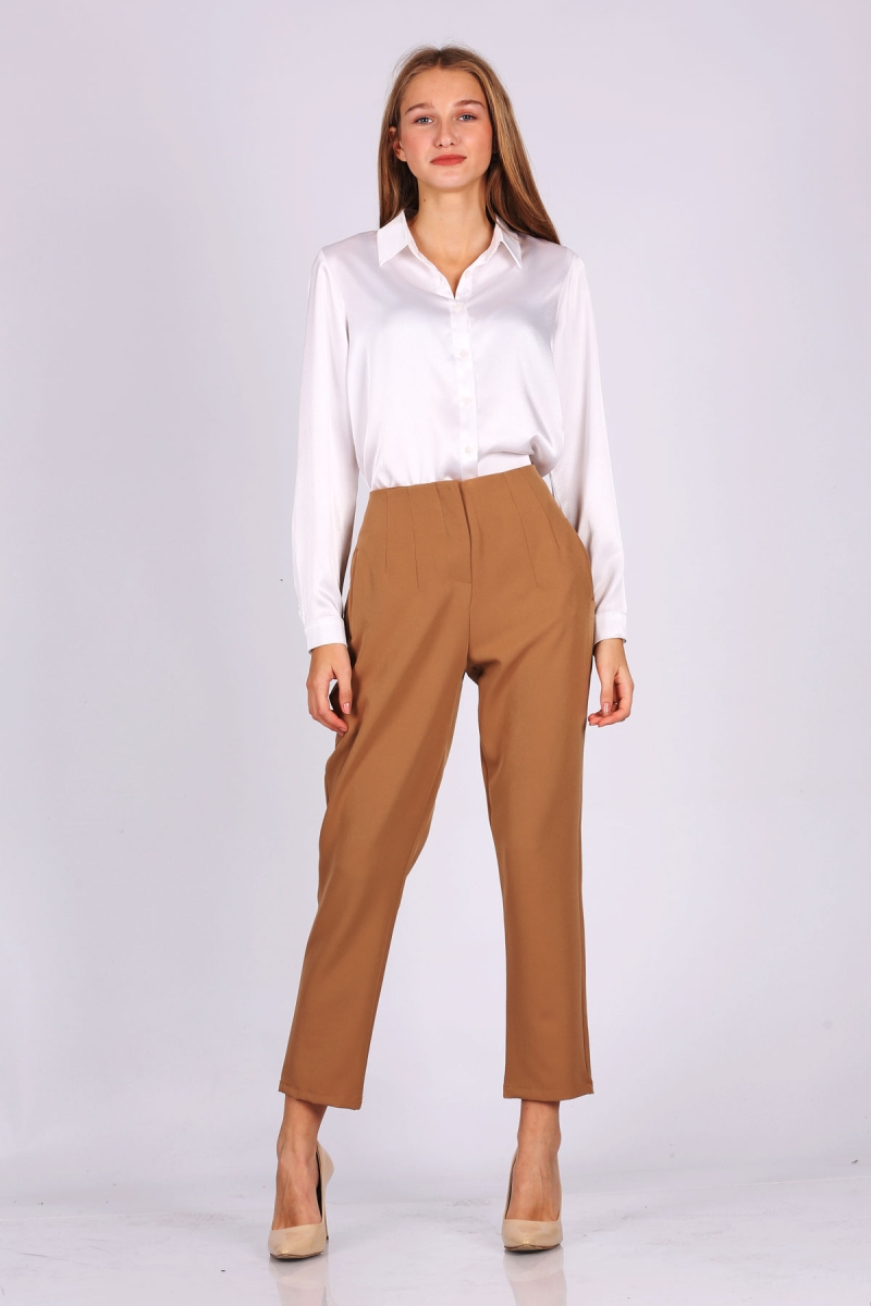 6535 Pileli Yüksek Bel Pantolon - Taba - BİGDART