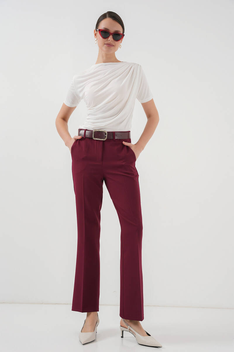 6538 Kemerli İspanyol Paça Pantolon - Bordo - BİGDART