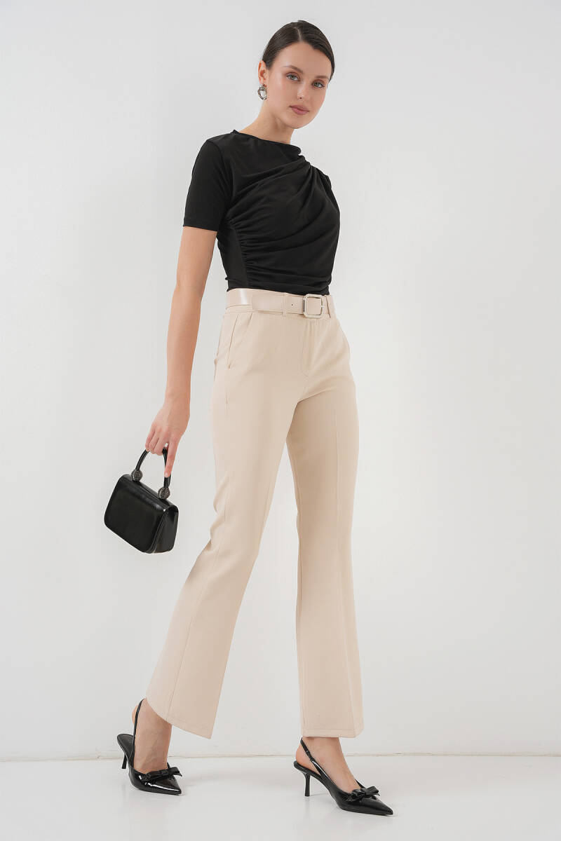 6538 Kemerli İspanyol Paça Pantolon - Krem - BİGDART