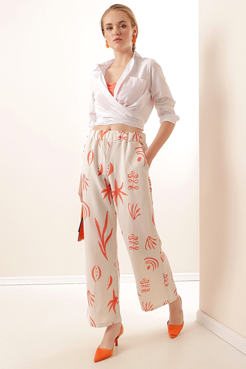 6554 Desenli Bol Paça Pantolon - A.Turuncu - BİGDART