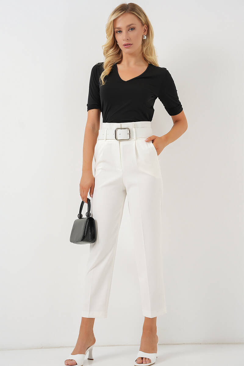 6556 Kemerli Kumaş Pantolon - Ekru - BİGDART