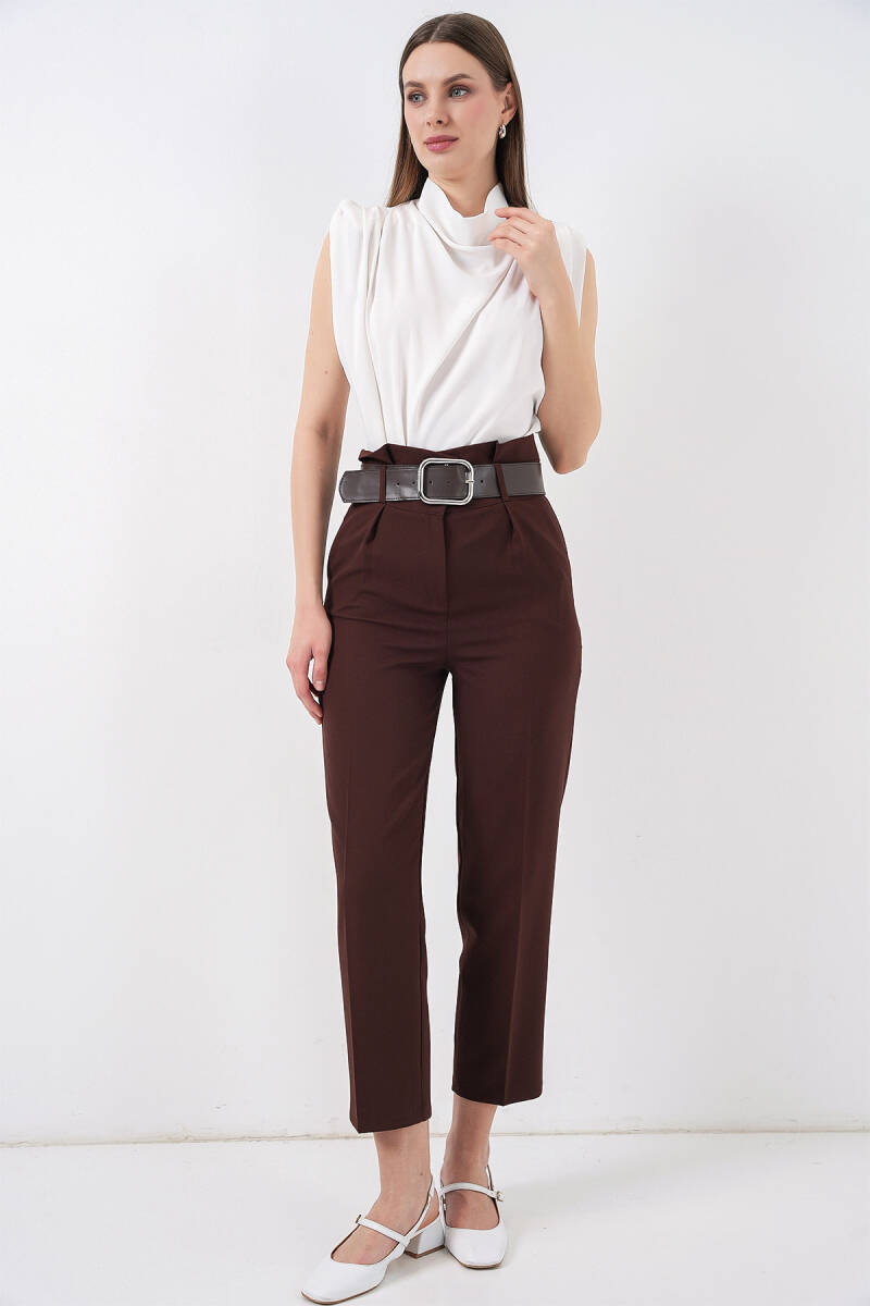 6556 Kemerli Kumaş Pantolon - Kahverengi - BİGDART