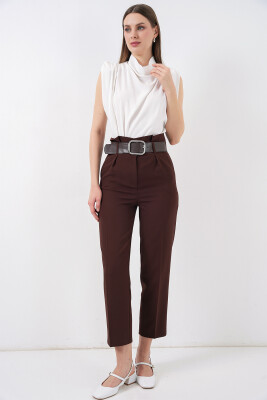 6556 Kemerli Kumaş Pantolon - Kahverengi 