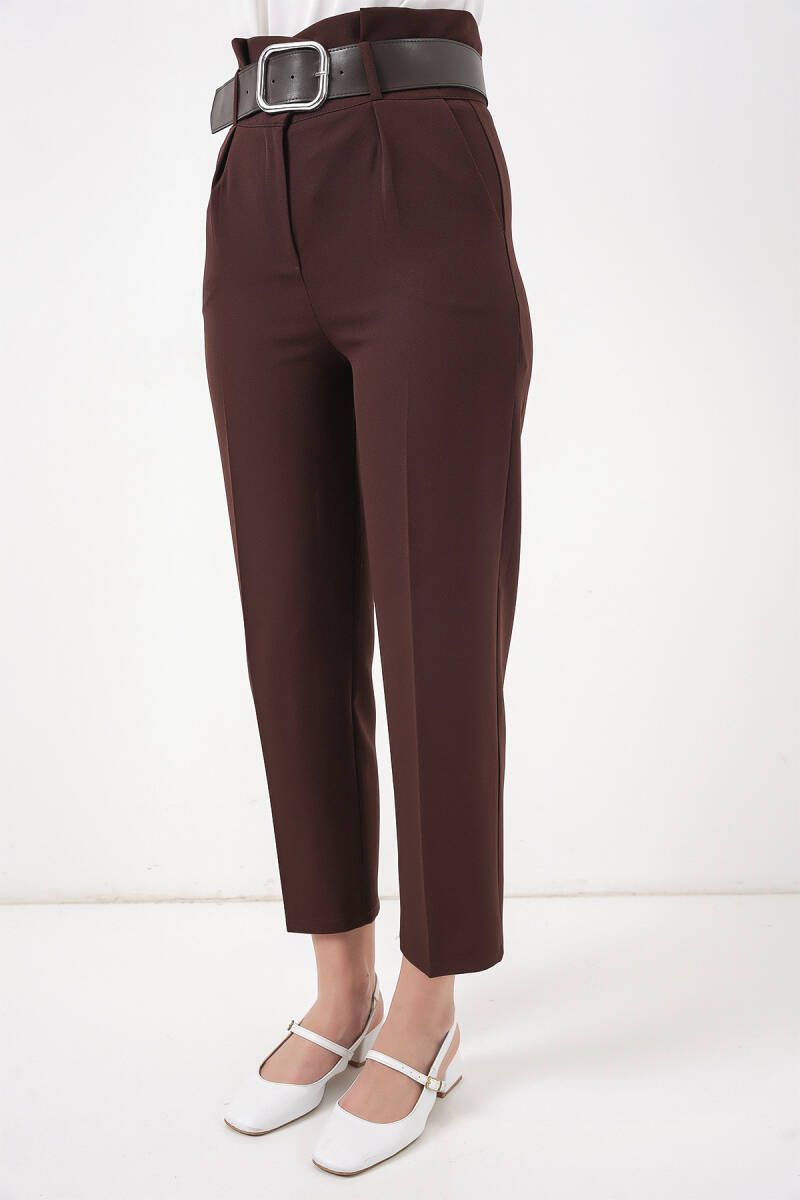 6556 Kemerli Kumaş Pantolon - Kahverengi (1)