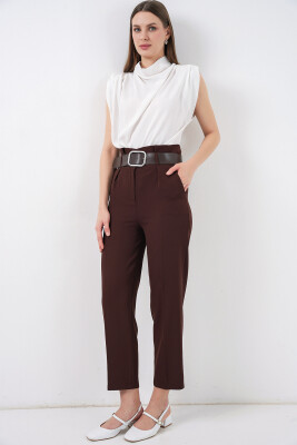 6556 Kemerli Kumaş Pantolon - Kahverengi - 5