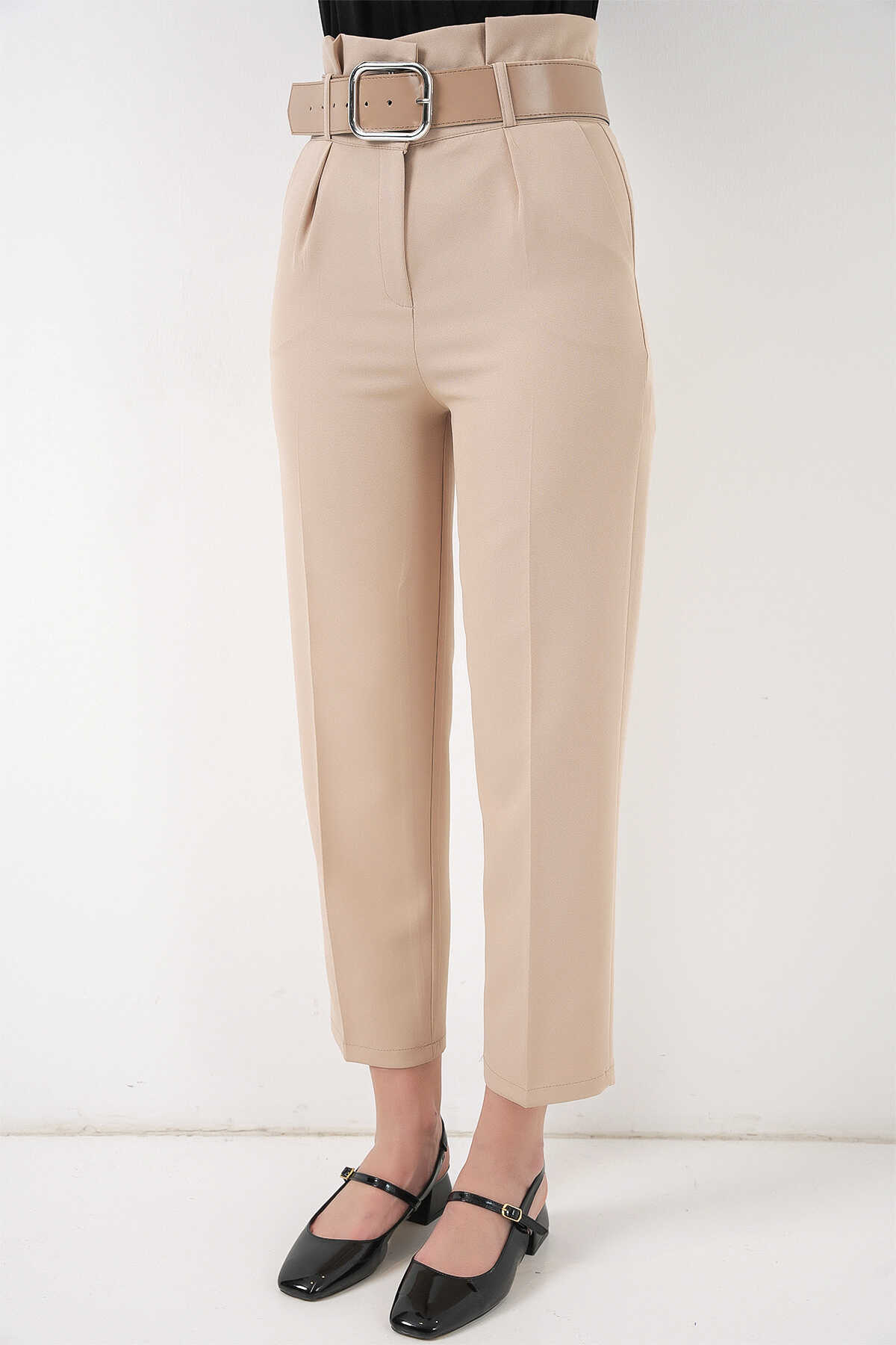 6556 Kemerli Kumaş Pantolon - Krem - 2