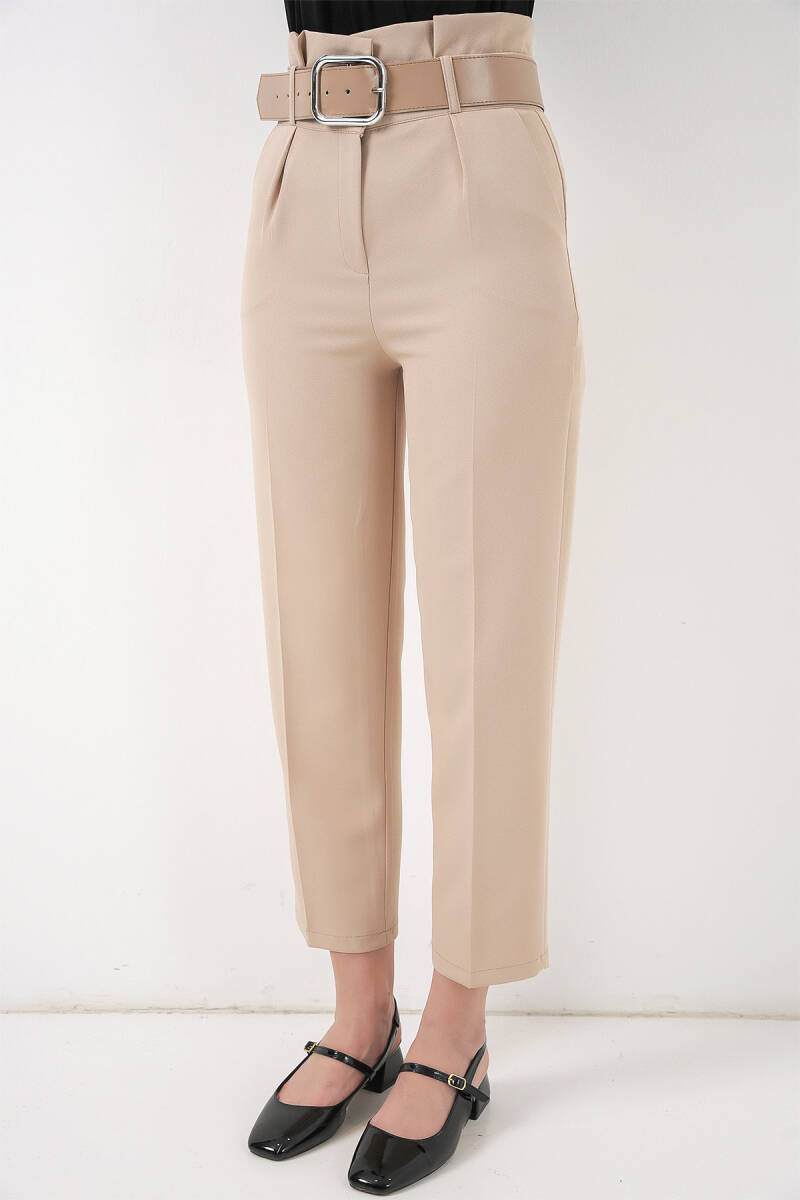 6556 Kemerli Kumaş Pantolon - Krem (1)