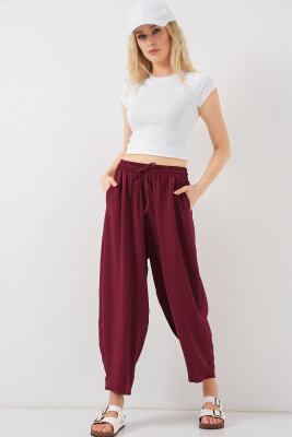 6591 Dokuma Şalvar Pantolon - Bordo 