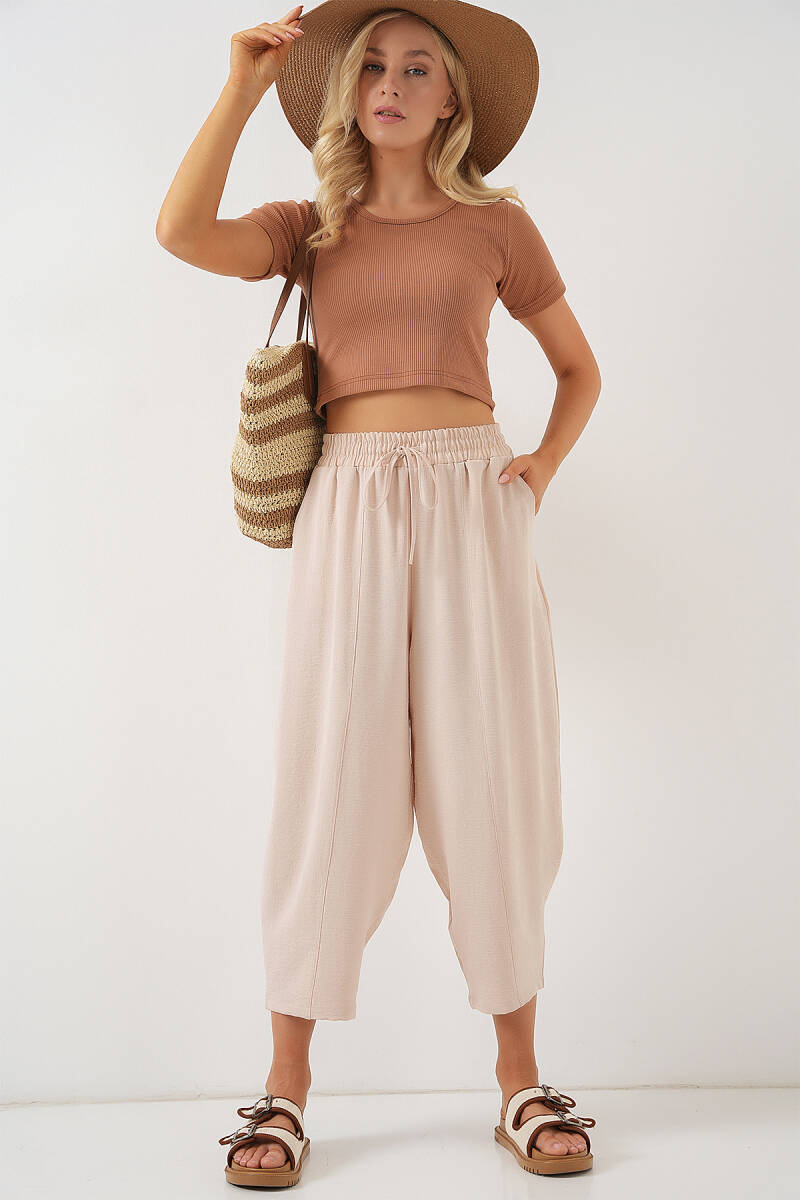 6591 Dokuma Şalvar Pantolon - Bisküvi - BİGDART