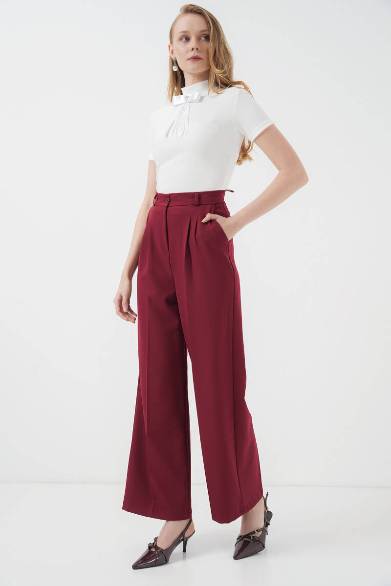 6647 Bol Paça Kumaş Pantolon - Bordo - BİGDART