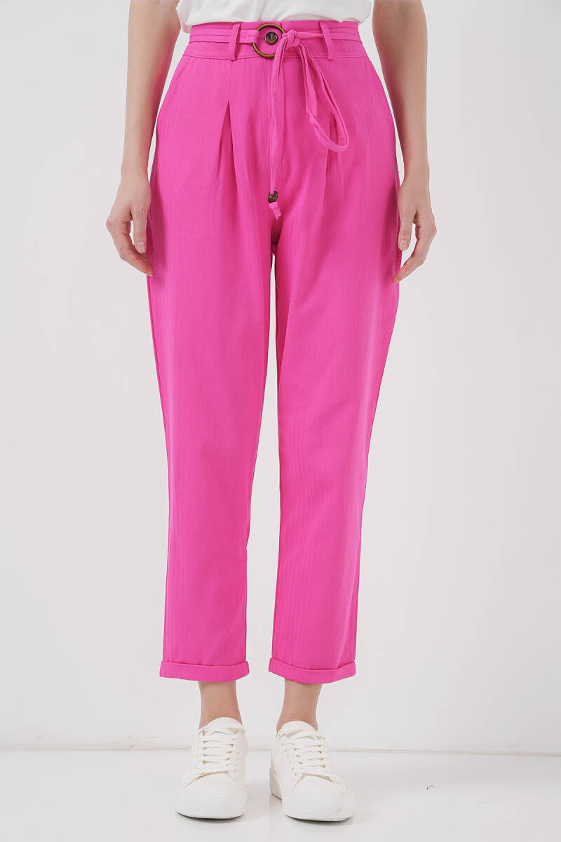 6660 Kemerli Keten Pantolon - Fuşya (1)