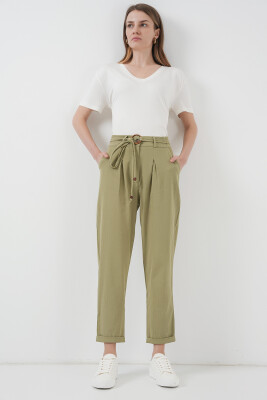 6660 Kemerli Keten Pantolon - Haki 