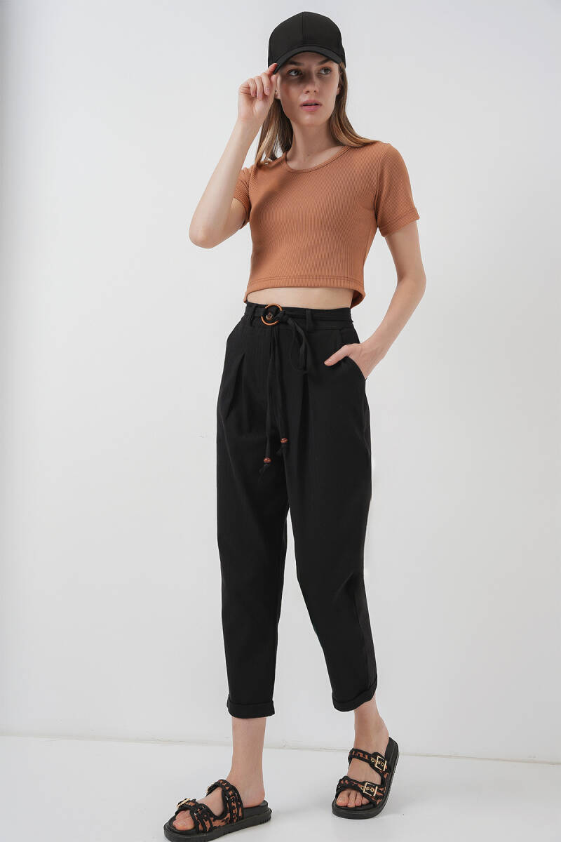 6660 Kemerli Keten Pantolon - Siyah - BİGDART