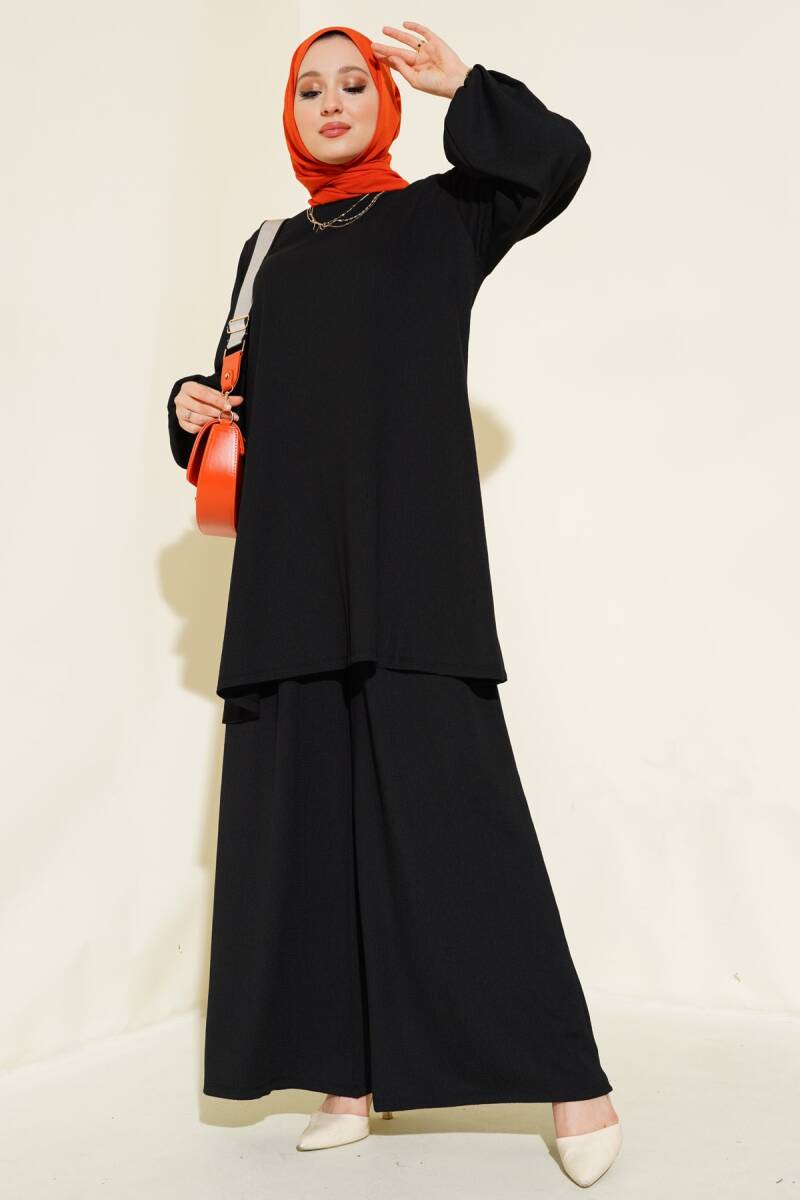 Kadın Siyah Tunik Pantolon Alt Üst Takım 6663 - BİGDART
