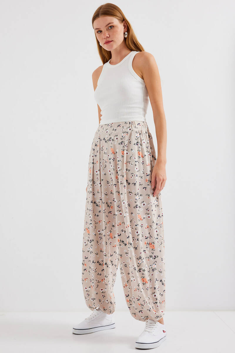 6665 Desenli Şalvar Pantolon - Krem - BİGDART