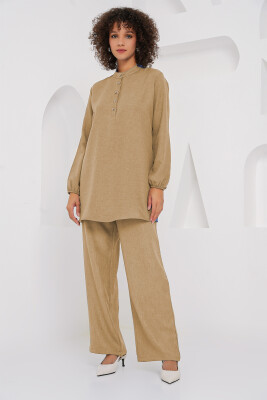 6678 Keten Tunik Pantolon İkili Takım - Bisküvi 