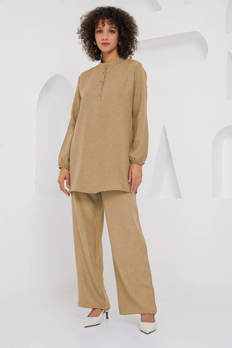 6678 Keten Tunik Pantolon İkili Takım - Bisküvi - BİGDART