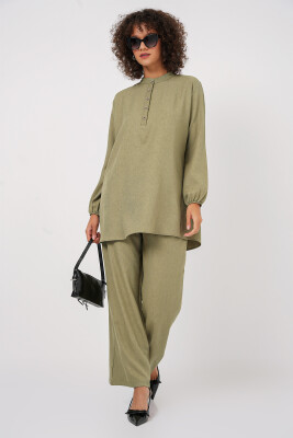 6678 Keten Tunik Pantolon İkili Takım - Çağla 