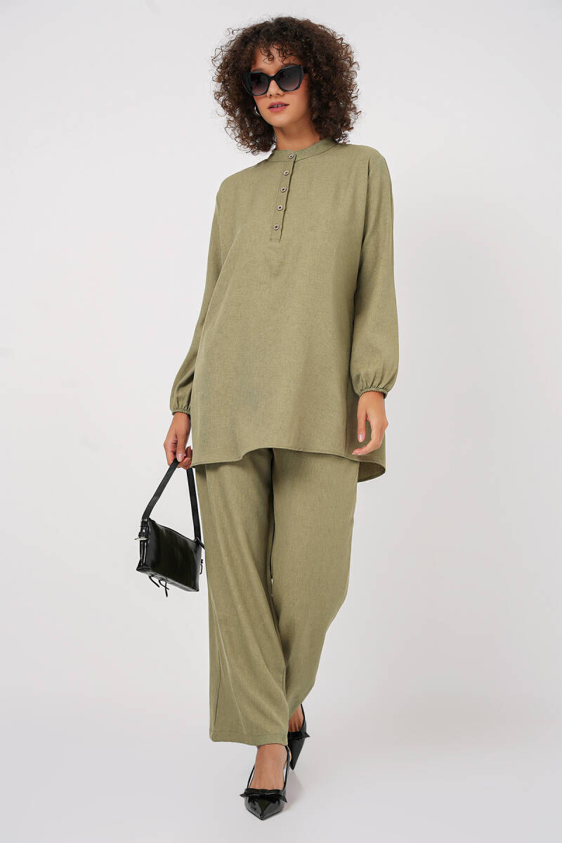 6678 Keten Tunik Pantolon İkili Takım - Çağla - BİGDART