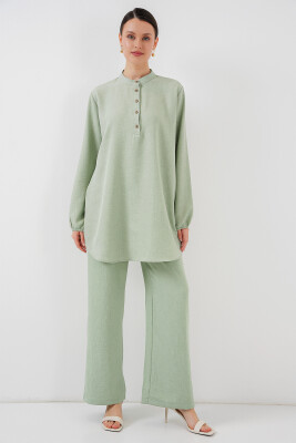 6678 Keten Tunik Pantolon İkili Takım - E.Yeşil 