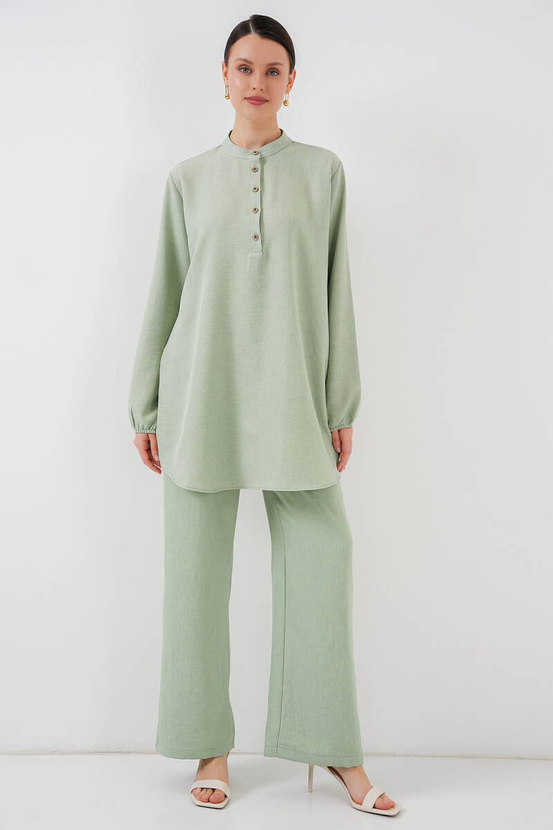 6678 Keten Tunik Pantolon İkili Takım - E.Yeşil - BİGDART