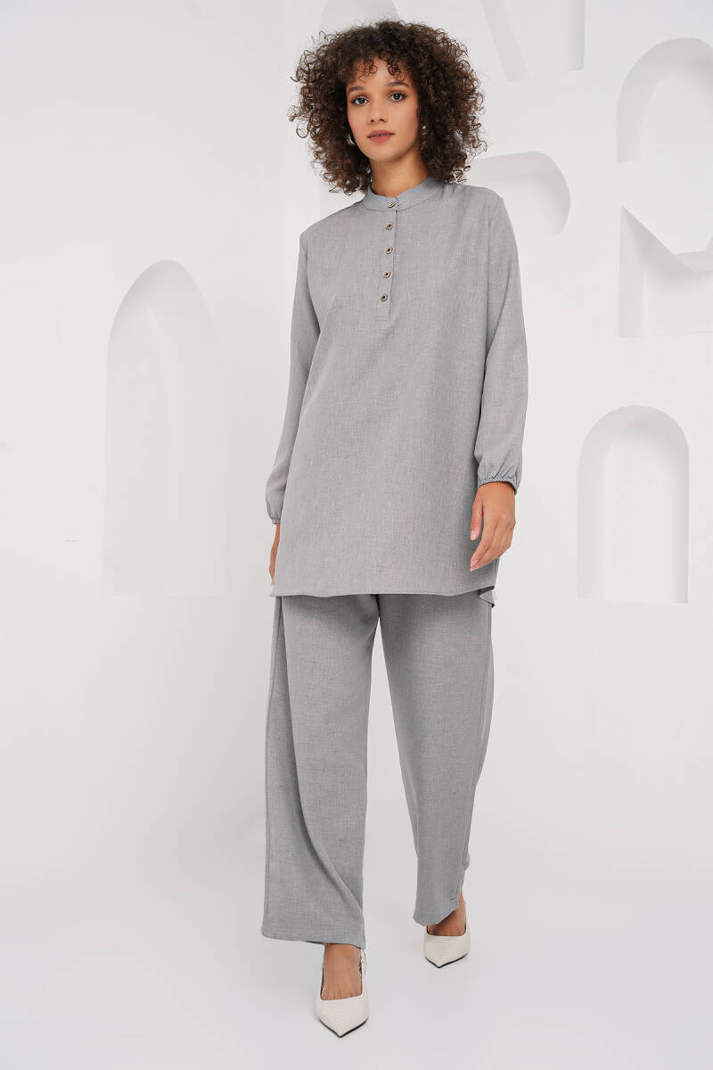 6678 Keten Tunik Pantolon İkili Takım - Gri - BİGDART