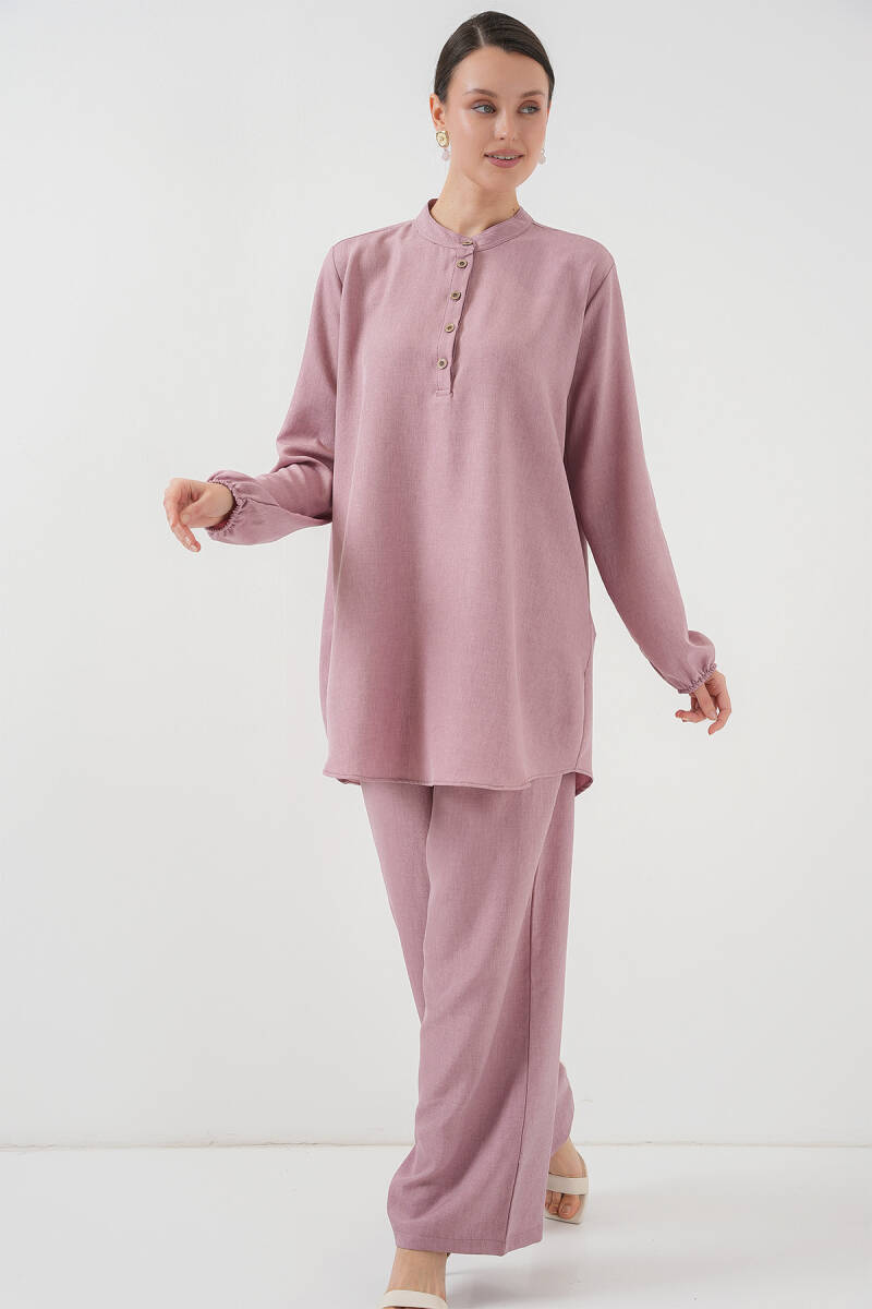 6678 Keten Tunik Pantolon İkili Takım - Gül Kurusu - BİGDART